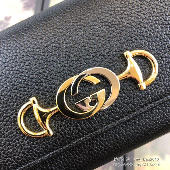 GUCCI古馳錢包 2019新款 Zumi系列 粒面皮革 互扣式G馬銜扣 女款翻蓋長錢包 573612 黑色  ydgq3279